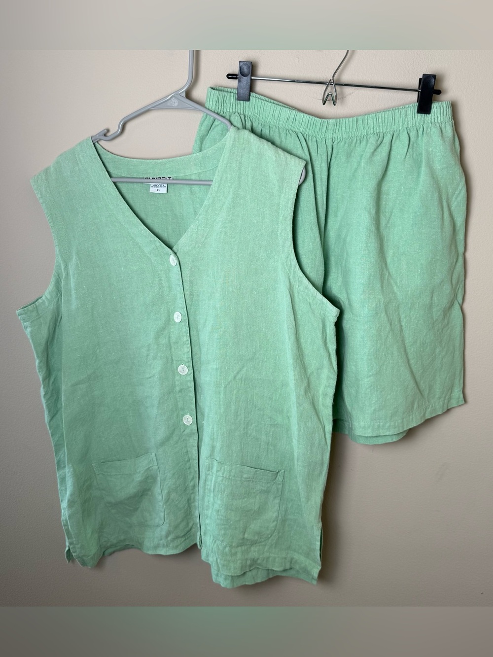 Vintage 90s Sunbelt 100% Linen Set Womens XL Green Shorts Tank Top Shirt